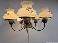 chandelier lit showing brass arms and floral milk glass shades