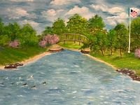 Full view of painting showing entire composition with bridge, river, trees and flag