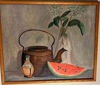 Full view of framed still life painting with teapot, vase, bottle, watermelon
