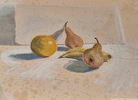 Full view of watercolor painting with pears, banana, citrus on tabletop