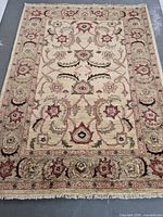 Full view of hand-knotted wool rug with fringe