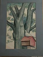 Full view of matted watercolor painting showing tree, birdhouse, bird, signature