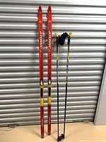 Atomic Beta Race skis and Centra Excel poles standing upright