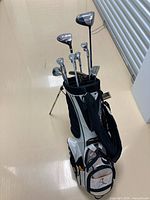 Full view of Ping stand bag with clubs