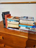 Front view showing two stacks of Canadian literature books