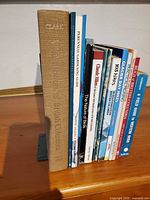 Row of books upright showing spines