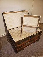 Trunk open showing interior lining and removable tray