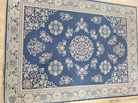 Full view of navy patterned wool rug
