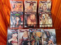 Full rack showing nine bagged Femme Fatales magazines