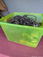 Green tote containing coiled black outdoor light strings