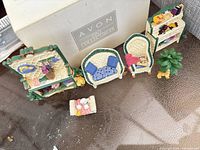 All six resin patio miniature pieces with Avon box