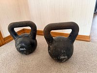 Front view of two Everlast 20 lb kettlebells showing branding and rust on handles
