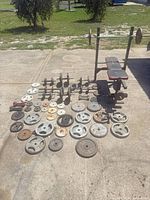 Entire lot laid out: plates, dumbbells, barbell on bench