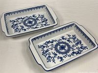 Two blue & white rectangular ceramic casseroles