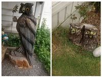 Composite showing tall owl carving and log with two owl heads