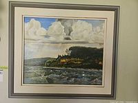 Full view of framed painting showing artwork, linen liner and grey frame