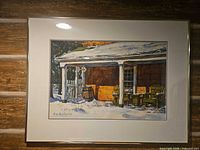 Full view of framed watercolor on wall