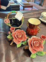 Group shot of Carlton Ware vase, Fitz & Floyd basket, and pair candleholders