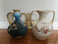 Both porcelain jugs side by side showing overall form, colors and handles