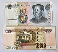 Obverse views of Chinese 10 Yuan and Russian 100 Ruble banknotes