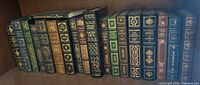 Frontal view of 18 leather-bound books on shelf