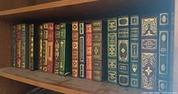 Entire row of 19 leather or faux-leather books on shelf