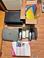 Group shot showing boxed folder system, hanging folders, letter tray, foot pad, file holders