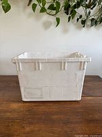 Front view of white Canada Post plastic tote showing recessed label panel and overall shape