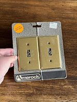 Front view of unopened Amerock package with two brass toggle switch covers