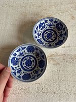 Two blue and white floral porcelain dishes top view