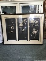 Full frontal view of framed three-panel Chinese embroidered screen