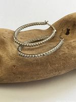Full view of both oval hoop earrings on driftwood prop