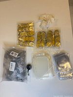 overview of all bagged and stacked items on table