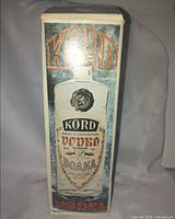 Front of Kord vodka retail box with bottle graphic and label details