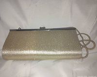 Full view of beige glitter clutch front