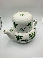 Teapot stacked on teacup showing overall pattern
