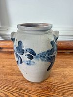 Full view of stoneware crock with cobalt decoration