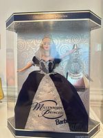 Front of boxed Millennium Princess Barbie showing doll, gown, tiara and ornament