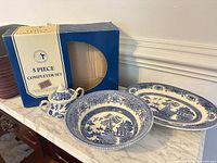All three Blue Willow pieces with original blue box