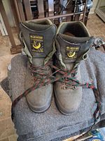 Top view of both boots showing tongues, labels, laces, leather and fabric collars