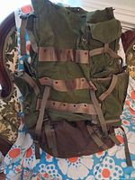 Front view showing canvas body, compression straps, missing top flap