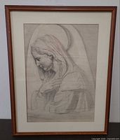 Full view of framed charcoal and graphite Madonna drawing in wood frame with mat