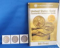 Front covers of book and obverse sides of three Eisenhower dollars