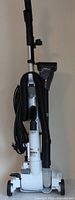 Rear view of upright vacuum showing hose, cord and handle