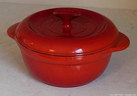 Angled view of Dutch oven with lid on showing color and shape