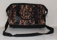 Front view of Lula leopard print handbag showing exterior pattern, handles and shoulder strap