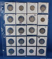 Front view of 20 coin flips showing obverse and written dates