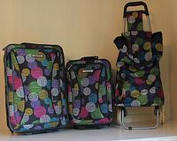 Front view of both suitcases and shopping cart showing pattern and size comparison
