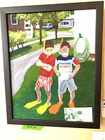 Full view of framed painting showing subject matter and frame