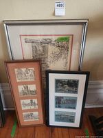 Front view showing three framed artworks: Willem Hart drawing, architectural print set, nautical print set